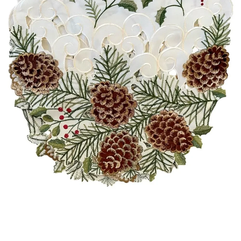 Ridgefield Home Embroidered Christmas Table Runner 14x72 Pine Cones Holly Berry